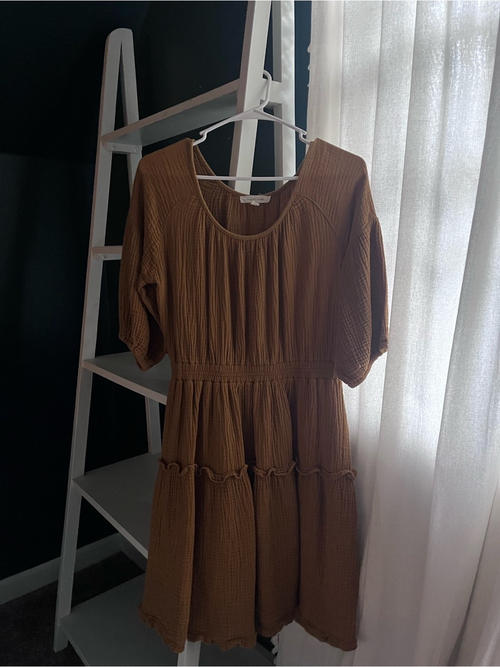 Tiered Short-Sleeve Midi Dress in Brown